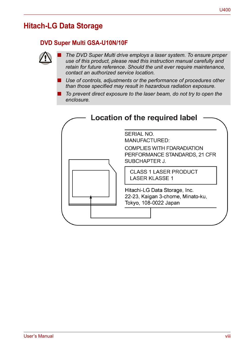 Hitach-lg data storage, Dvd super multi gsa-u10n/10f | Toshiba SATELLITE U400 User Manual | Page 8 / 177