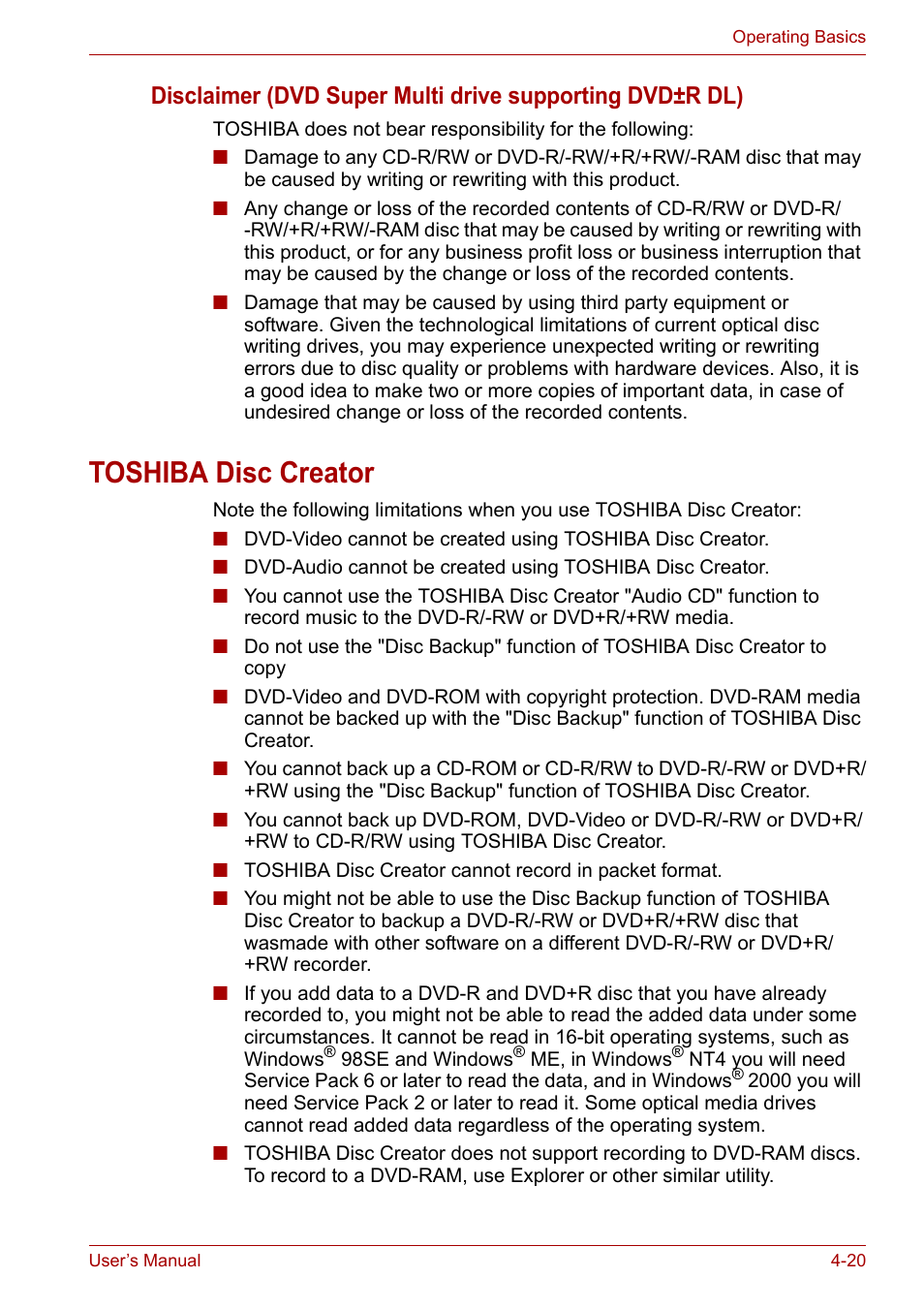 Toshiba disc creator, Toshiba disc creator -20 | Toshiba SATELLITE U400 User Manual | Page 81 / 177