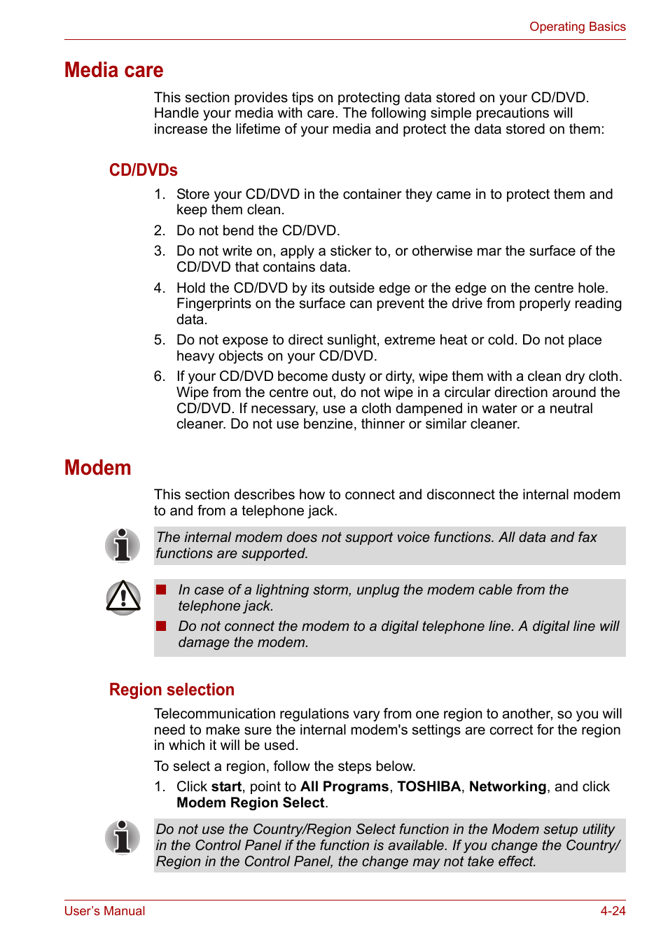 Media care, Modem, Media care -24 modem -24 | Toshiba SATELLITE U400 User Manual | Page 85 / 177