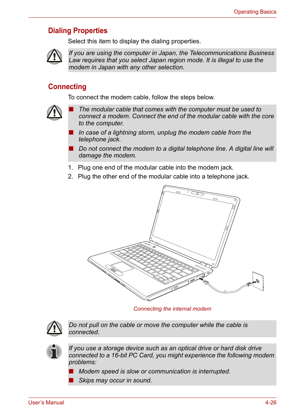 Dialing properties, Connecting | Toshiba SATELLITE U400 User Manual | Page 87 / 177