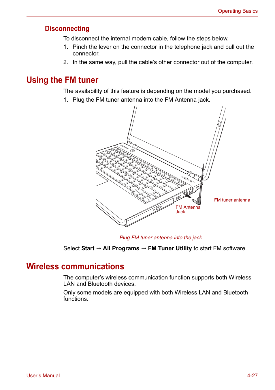 Using the fm tuner, Wireless communications, Using the fm tuner -27 wireless communications -27 | Disconnecting | Toshiba SATELLITE U400 User Manual | Page 88 / 177