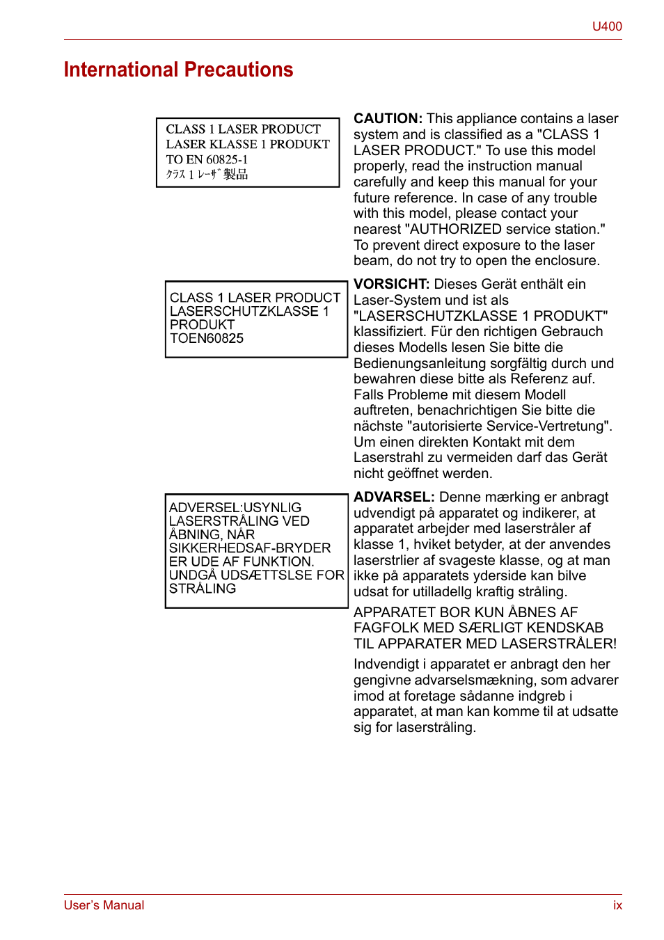 International precautions | Toshiba SATELLITE U400 User Manual | Page 9 / 177
