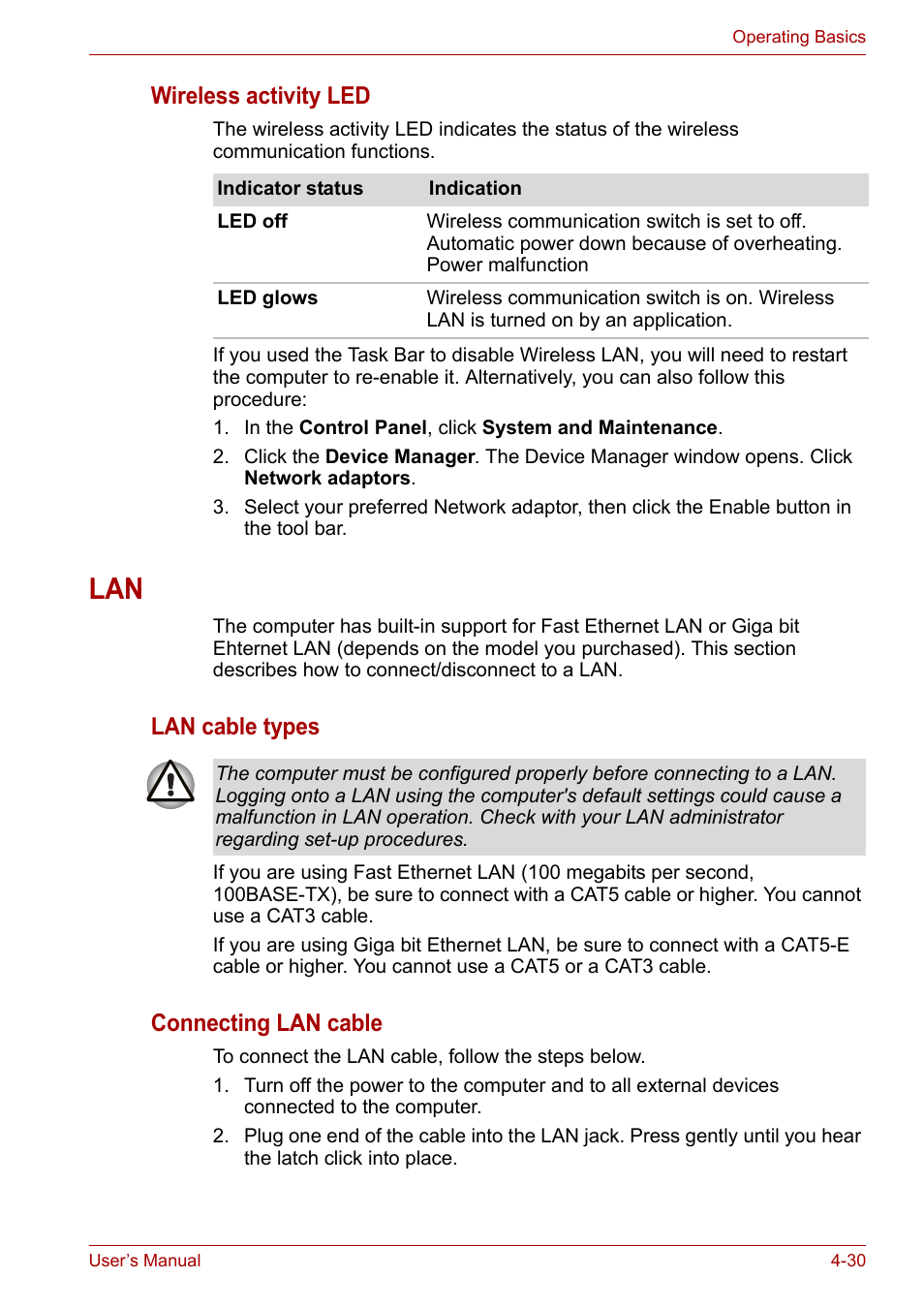 Lan -30, Wireless activity led, Lan cable types | Connecting lan cable | Toshiba SATELLITE U400 User Manual | Page 91 / 177