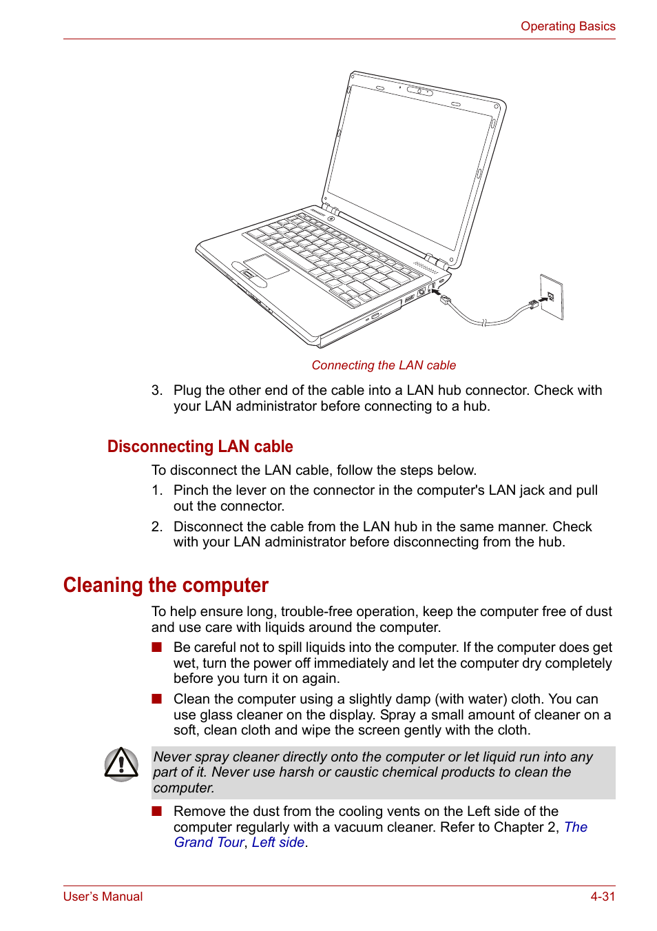 Cleaning the computer, Cleaning the computer -31, Disconnecting lan cable | Toshiba SATELLITE U400 User Manual | Page 92 / 177