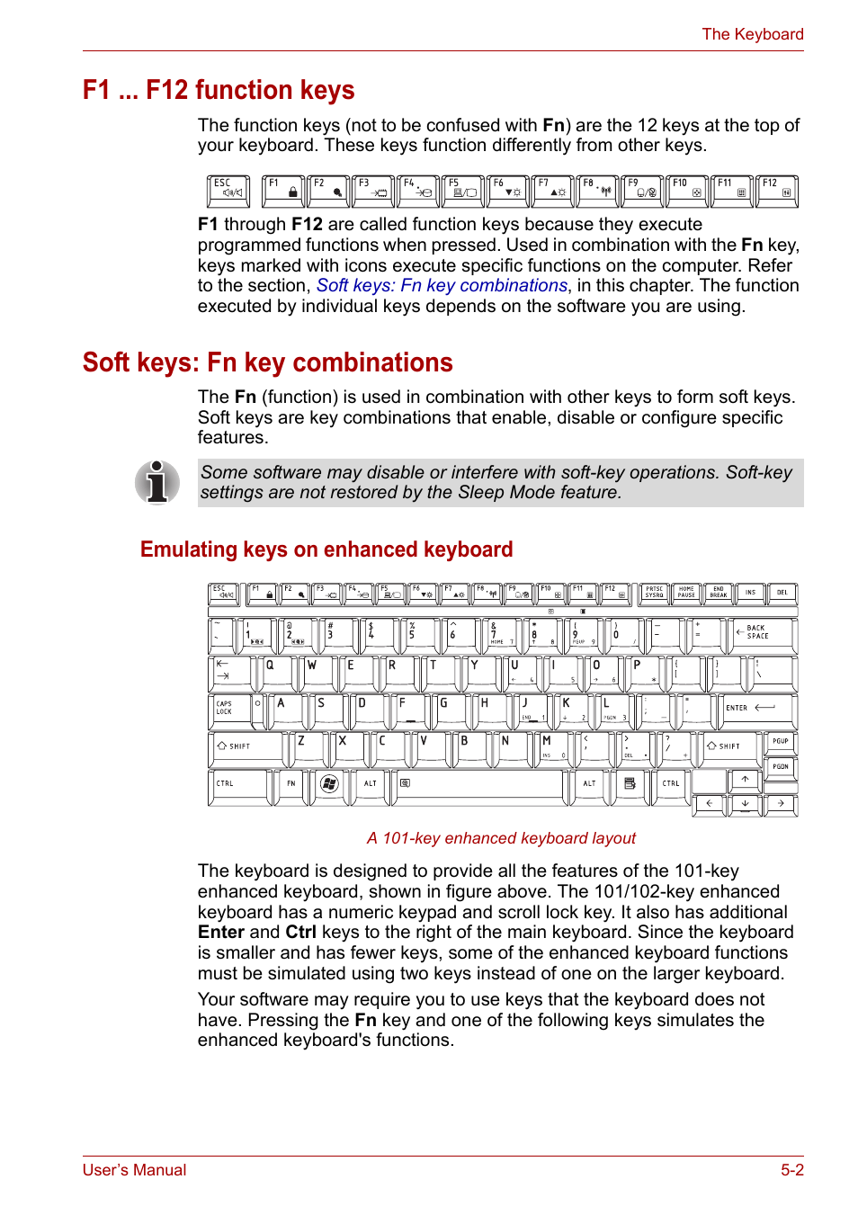 F1 ... f12 function keys, Soft keys: fn key combinations | Toshiba SATELLITE U400 User Manual | Page 97 / 177