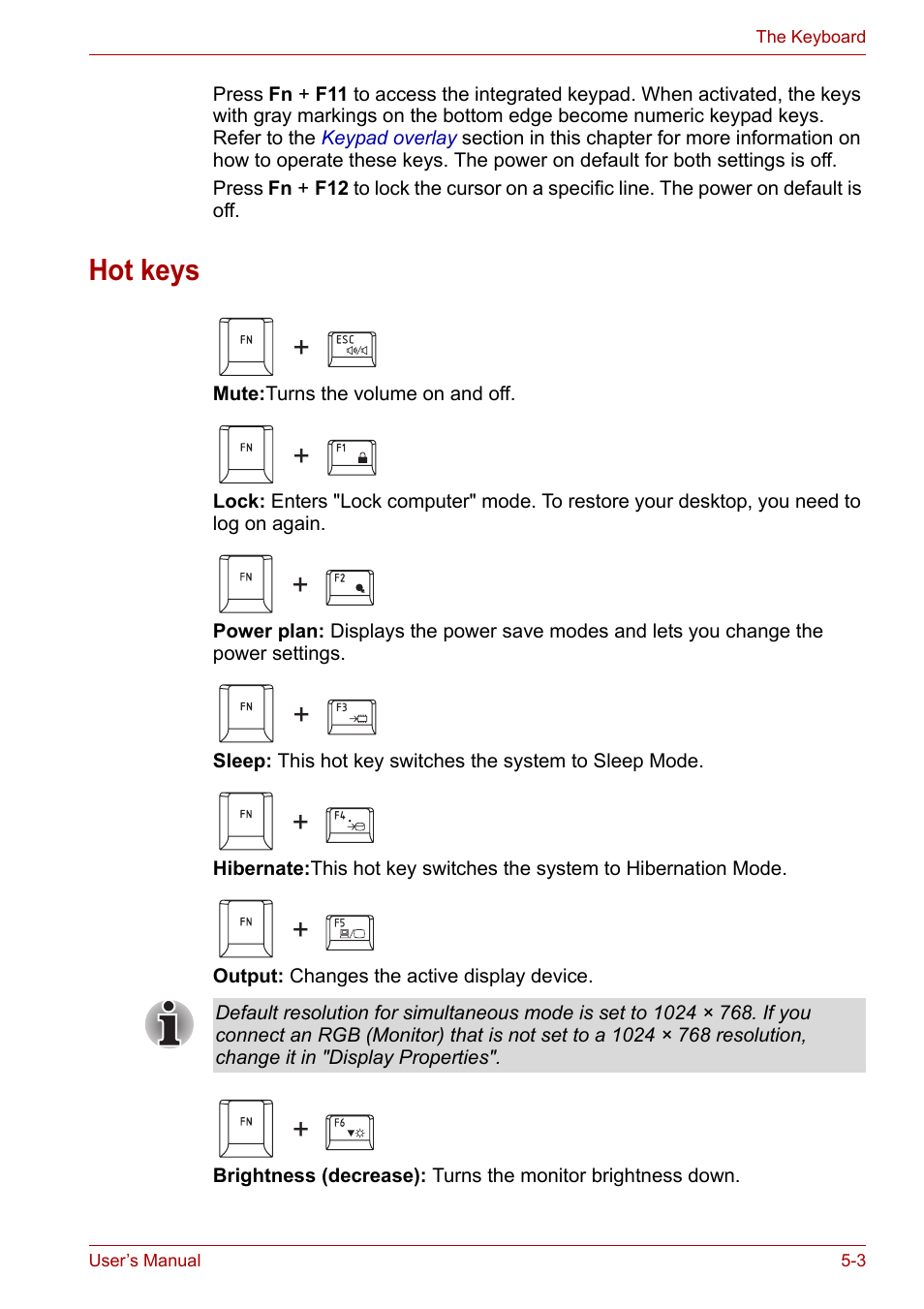 Hot keys, Hot keys -3 | Toshiba SATELLITE U400 User Manual | Page 98 / 177