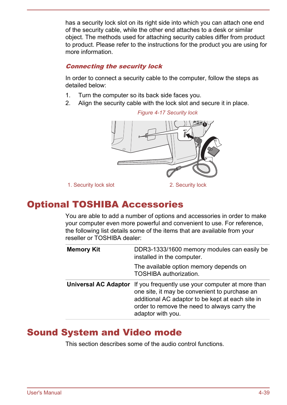 Optional toshiba accessories, Sound system and video mode, To the | Toshiba Qosmio DX730 User Manual | Page 100 / 143