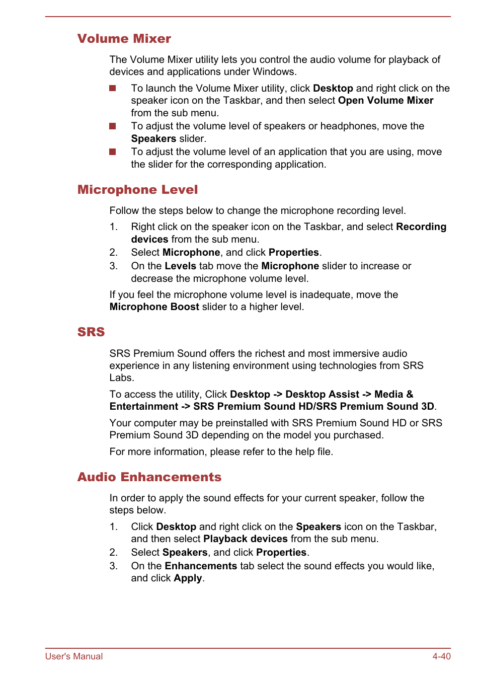 Volume mixer, Microphone level, Audio enhancements | Toshiba Qosmio DX730 User Manual | Page 101 / 143