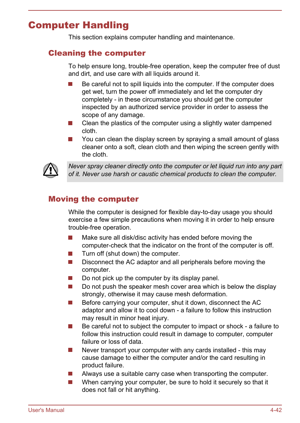 Computer handling, Cleaning the computer, Moving the computer | Computer handling -42 | Toshiba Qosmio DX730 User Manual | Page 103 / 143