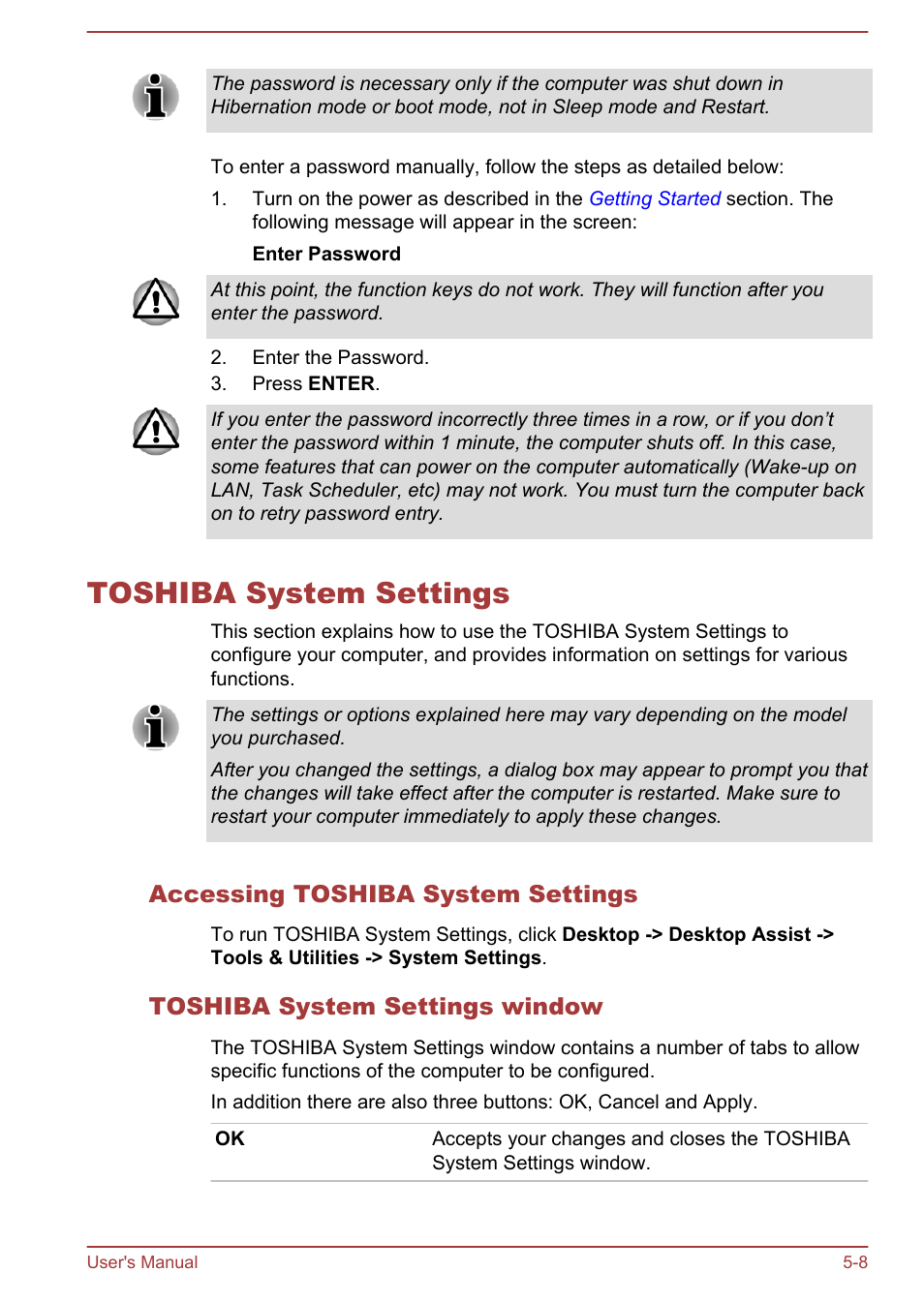 Toshiba system settings, Accessing toshiba system settings, Toshiba system settings window | Toshiba system settings -8, Toshiba, System settings, Section | Toshiba Qosmio DX730 User Manual | Page 112 / 143