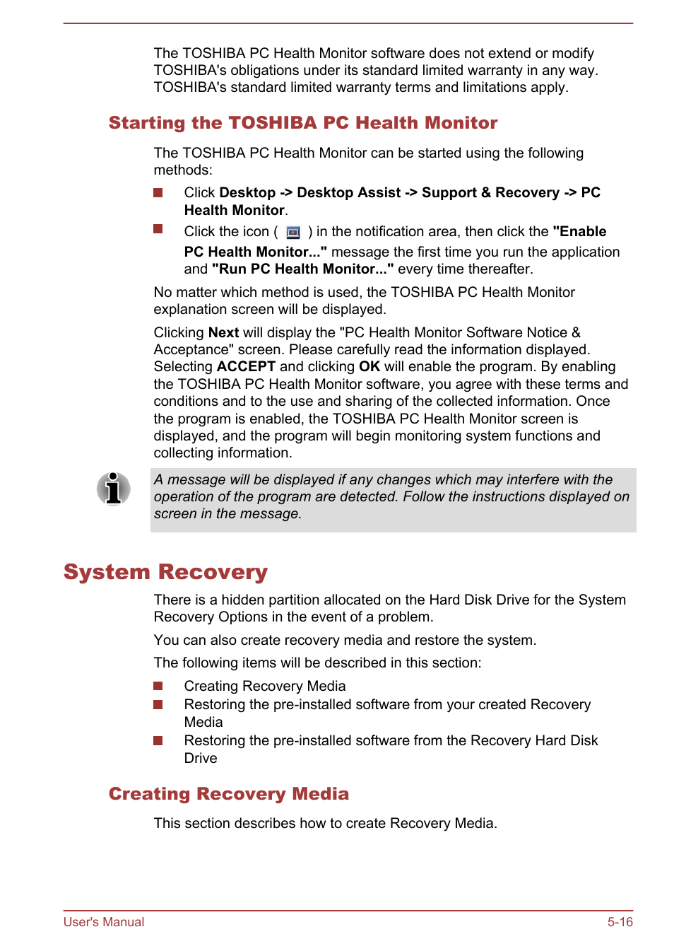Starting the toshiba pc health monitor, System recovery, Creating recovery media | System recovery -16 | Toshiba Qosmio DX730 User Manual | Page 120 / 143