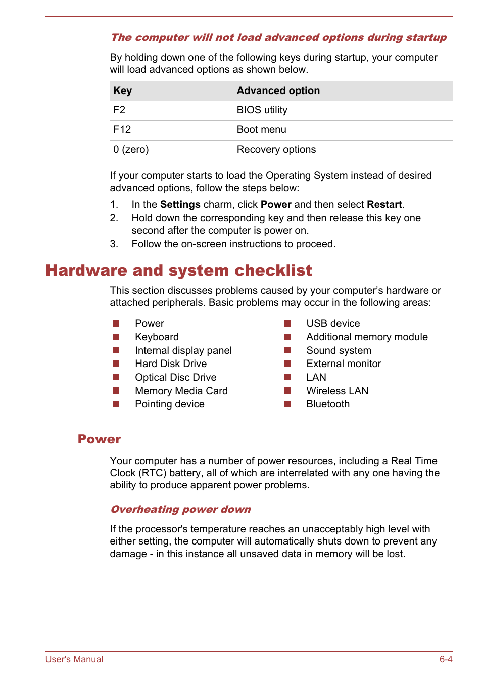 Hardware and system checklist, Power, Hardware and system checklist -4 | Toshiba Qosmio DX730 User Manual | Page 128 / 143