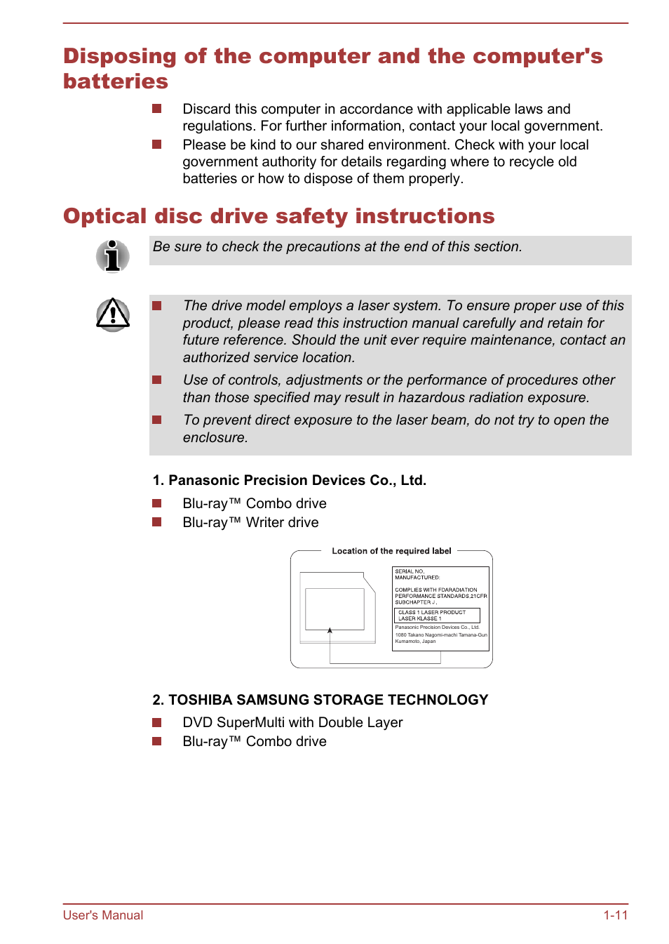 Optical disc drive safety instructions | Toshiba Qosmio DX730 User Manual | Page 14 / 143