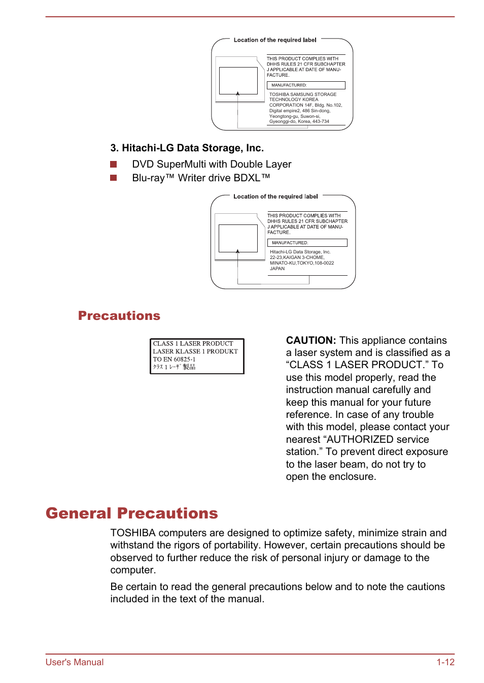 Precautions, General precautions, General precautions -12 | User's manual 1-12 | Toshiba Qosmio DX730 User Manual | Page 15 / 143