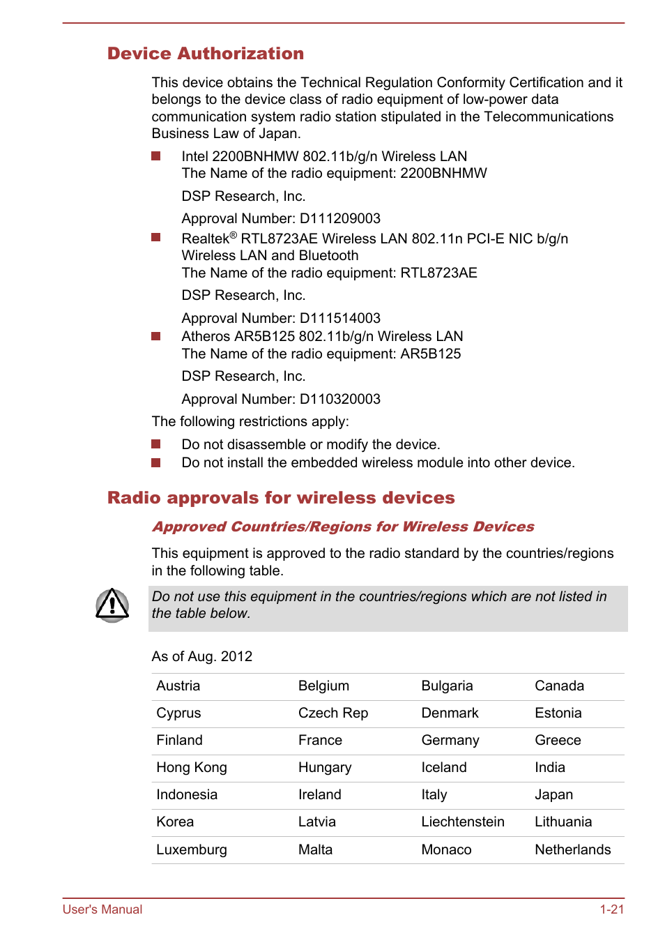 Device authorization, Radio approvals for wireless devices | Toshiba Qosmio DX730 User Manual | Page 24 / 143