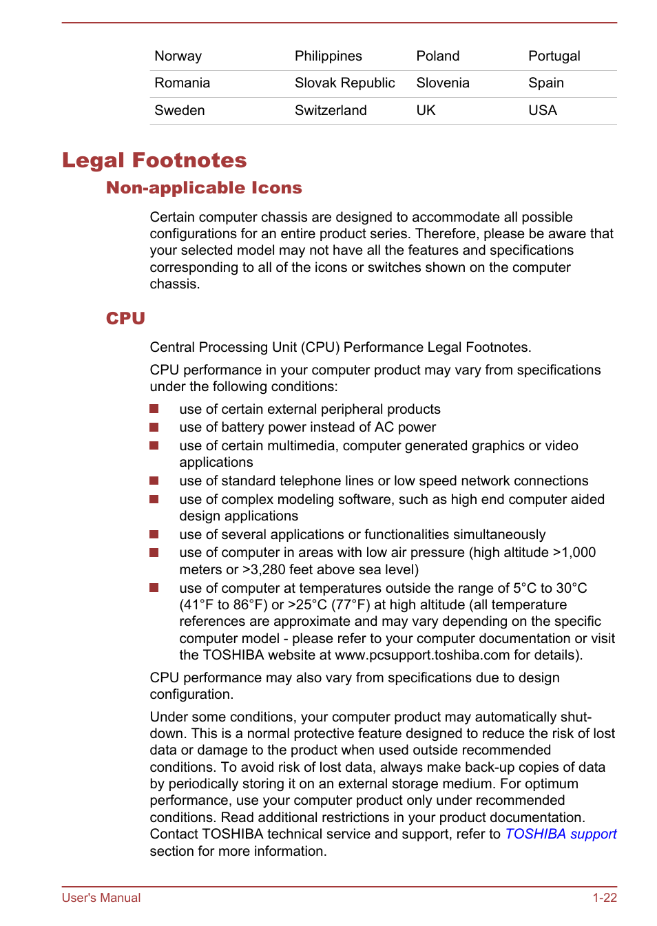 Legal footnotes, Non-applicable icons, Legal footnotes -22 | Toshiba Qosmio DX730 User Manual | Page 25 / 143
