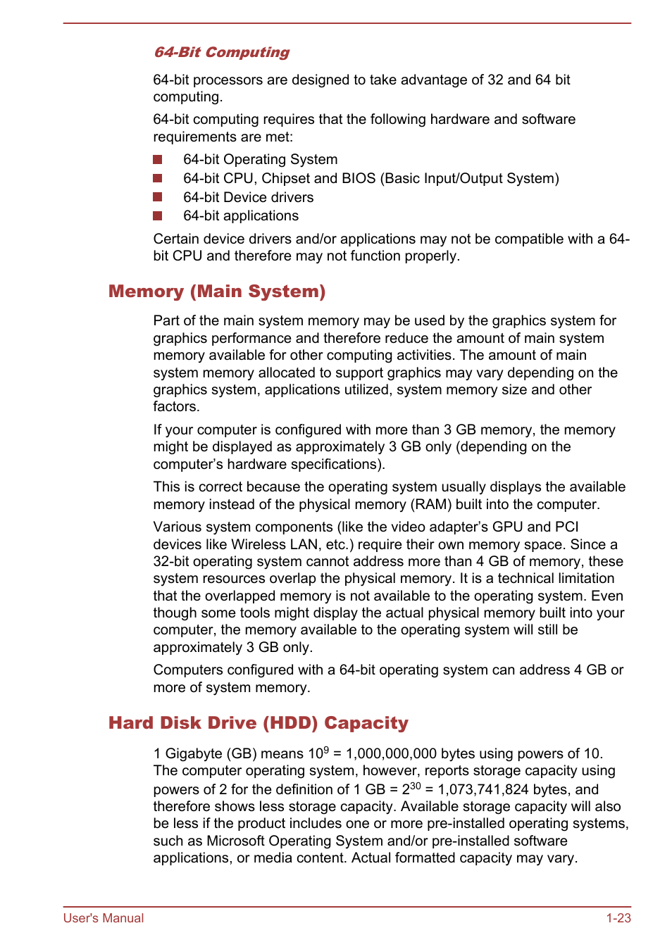 Memory (main system), Hard disk drive (hdd) capacity | Toshiba Qosmio DX730 User Manual | Page 26 / 143