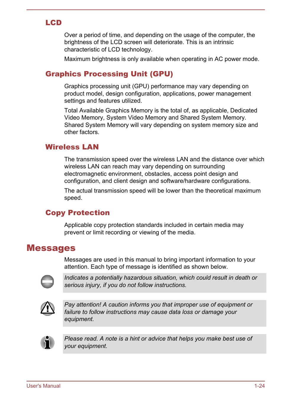 Graphics processing unit (gpu), Wireless lan, Copy protection | Messages, Messages -24 | Toshiba Qosmio DX730 User Manual | Page 27 / 143