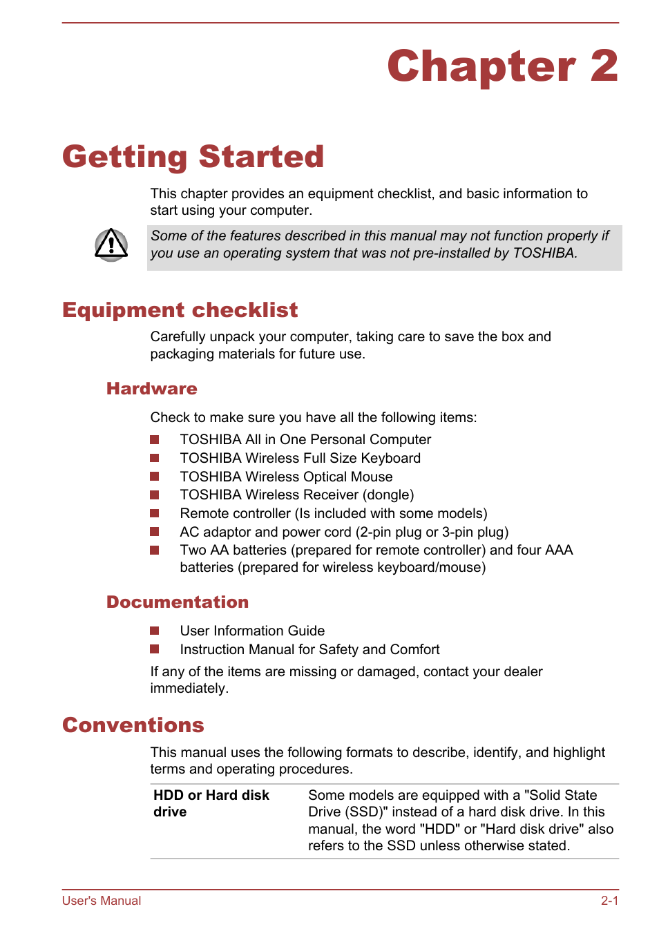 Chapter 2 getting started, Equipment checklist, Hardware | Documentation, Conventions, Chapter 2, Getting started, Equipment checklist -1 conventions -1 | Toshiba Qosmio DX730 User Manual | Page 28 / 143