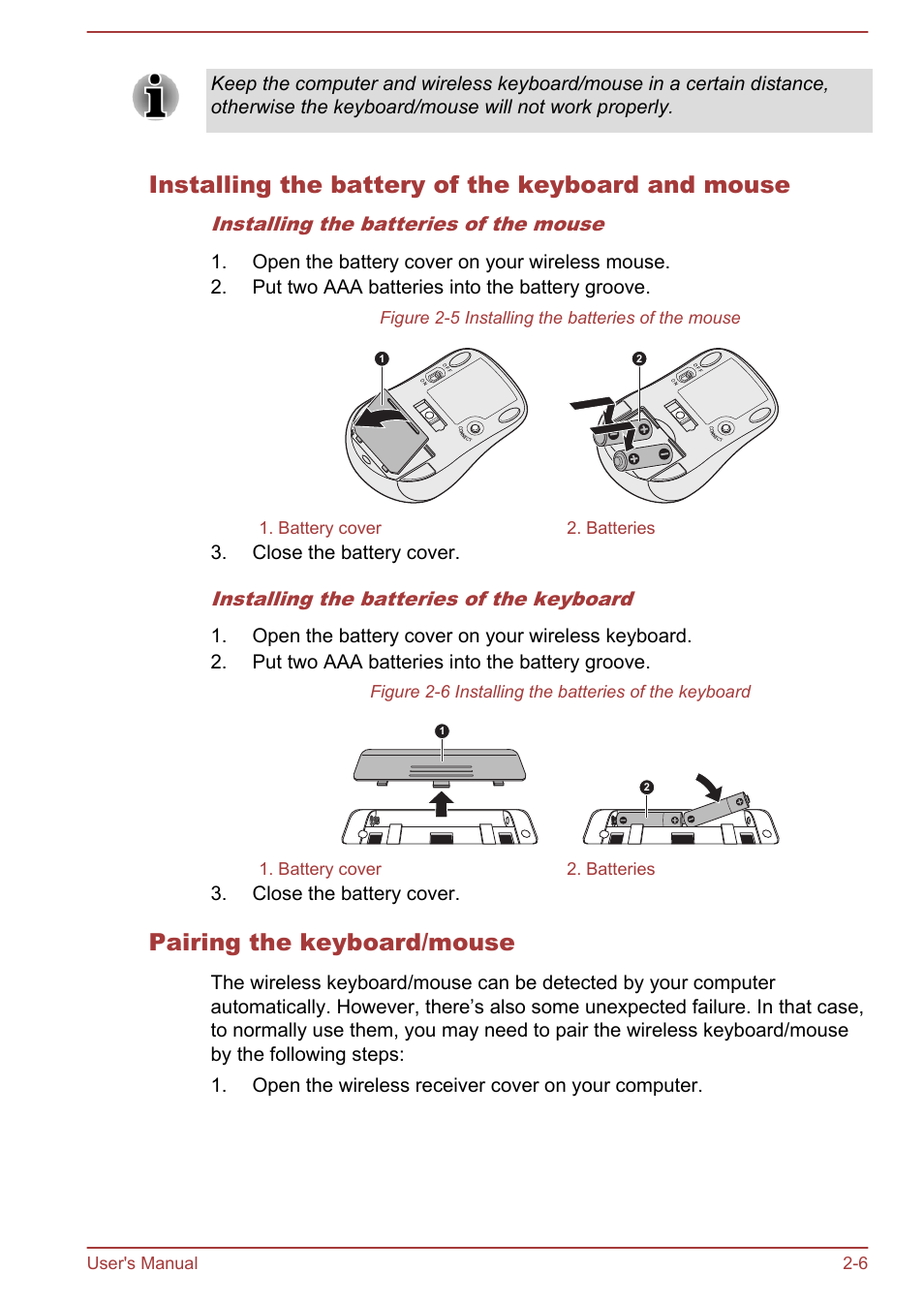Installing the battery of the keyboard and mouse, Pairing the keyboard/mouse | Toshiba Qosmio DX730 User Manual | Page 33 / 143