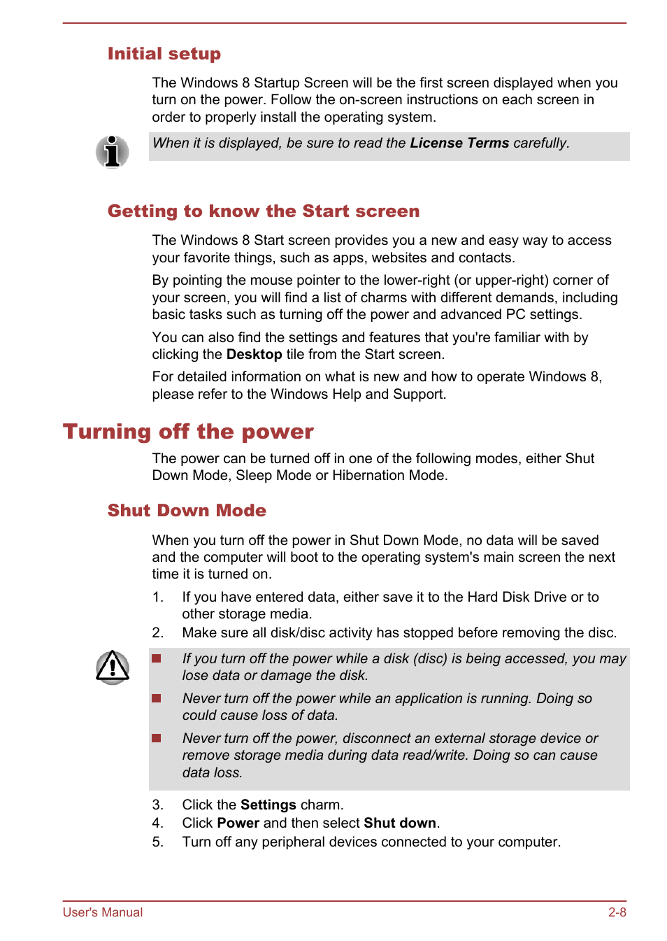 Initial setup, Getting to know the start screen, Turning off the power | Shut down mode, Turning off the power -8 | Toshiba Qosmio DX730 User Manual | Page 35 / 143