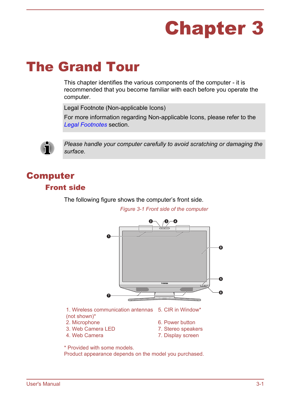 Chapter 3 the grand tour, Computer, Front side | Chapter 3, The grand tour, Computer -1 | Toshiba Qosmio DX730 User Manual | Page 40 / 143
