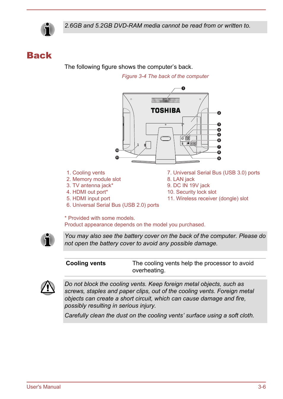 Back, Back -6, The following figure shows the computer’s back | Toshiba Qosmio DX730 User Manual | Page 45 / 143