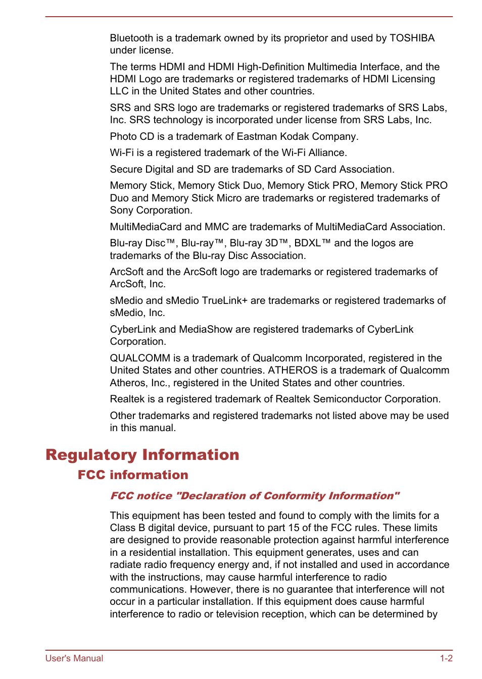 Regulatory information, Fcc information, Regulatory information -2 | Toshiba Qosmio DX730 User Manual | Page 5 / 143