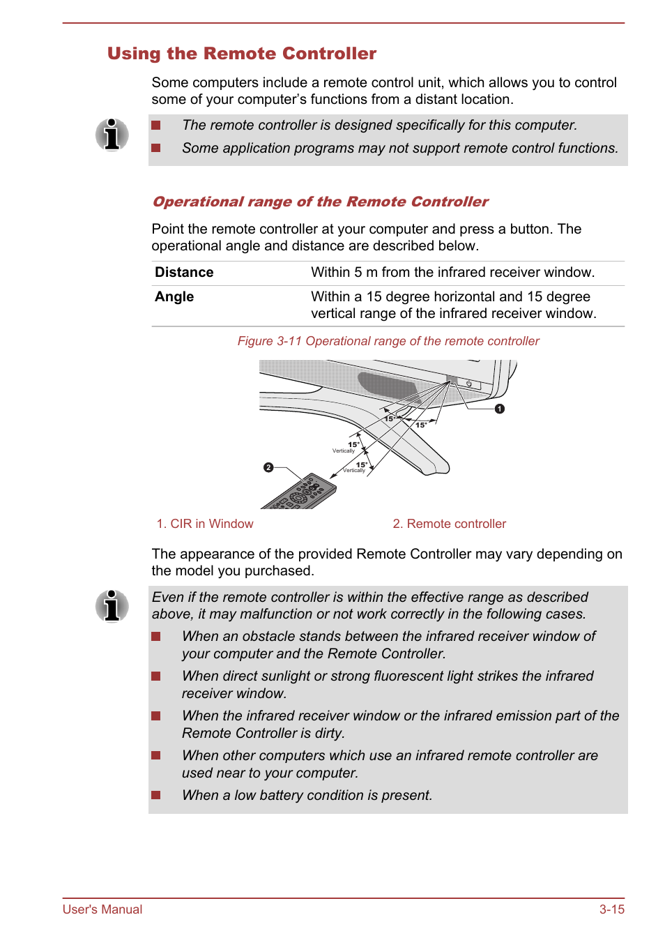 Using the remote controller, Operational range of the remote controller | Toshiba Qosmio DX730 User Manual | Page 54 / 143