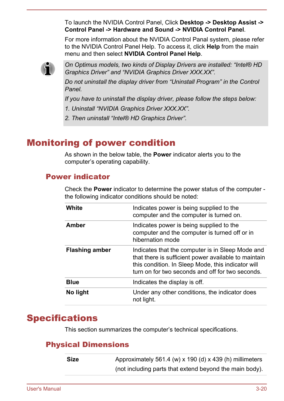 Monitoring of power condition, Power indicator, Specifications | Physical dimensions, Then indicate the status. please refer to the | Toshiba Qosmio DX730 User Manual | Page 59 / 143