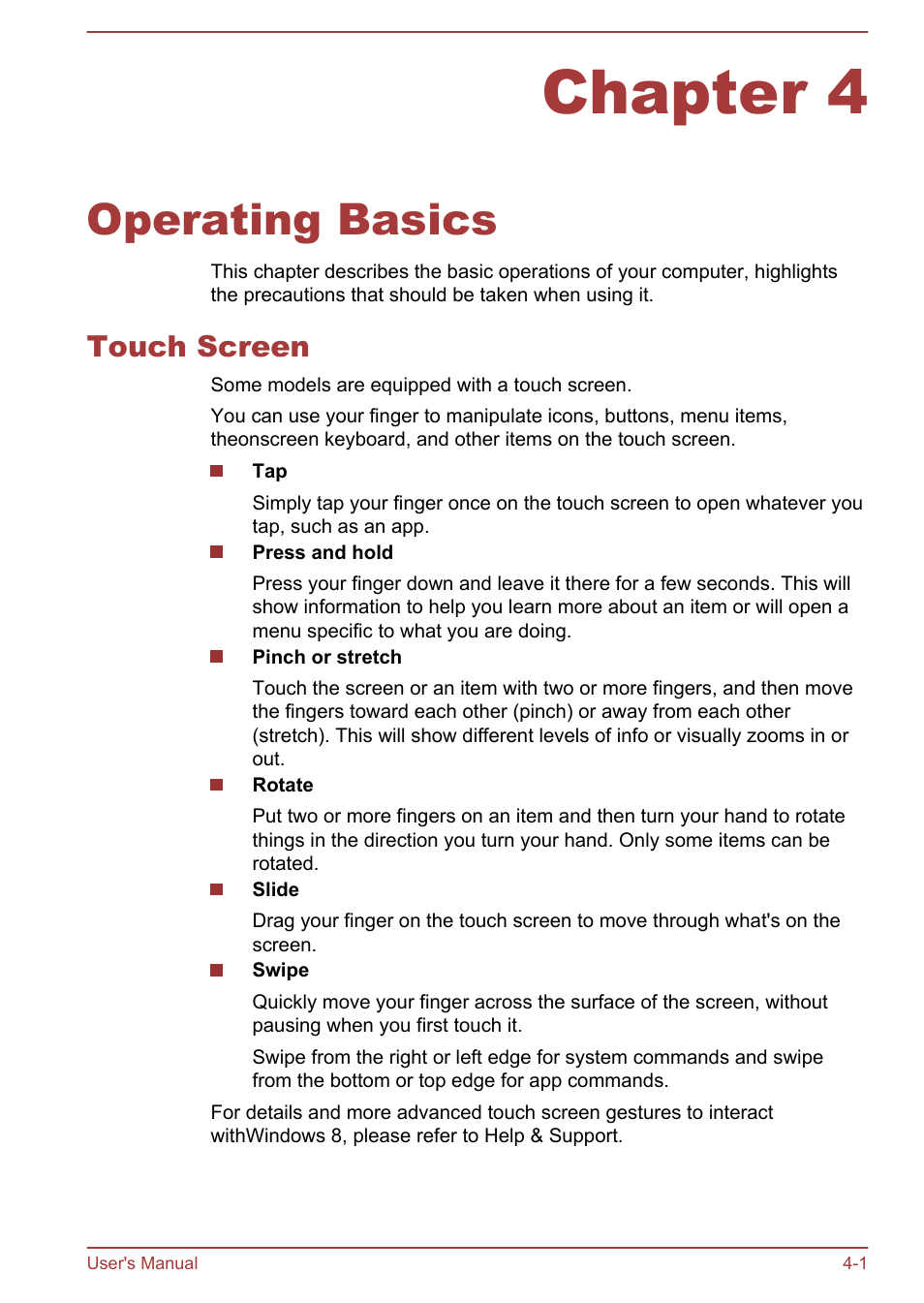 Chapter 4 operating basics, Touch screen, Chapter 4 | Operating basics, Touch screen -1 | Toshiba Qosmio DX730 User Manual | Page 62 / 143