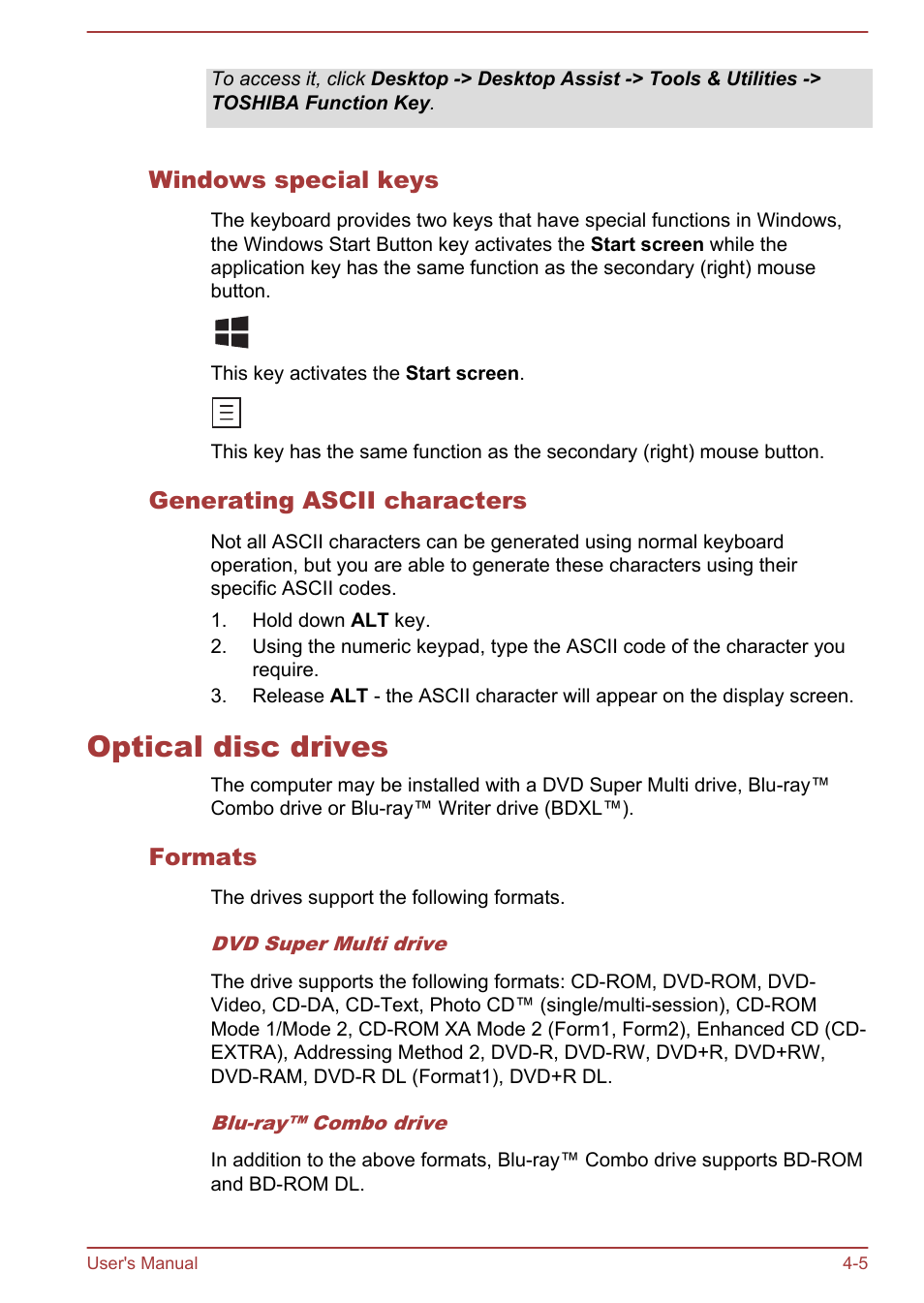 Windows special keys, Generating ascii characters, Optical disc drives | Formats, Optical disc drives -5 | Toshiba Qosmio DX730 User Manual | Page 66 / 143