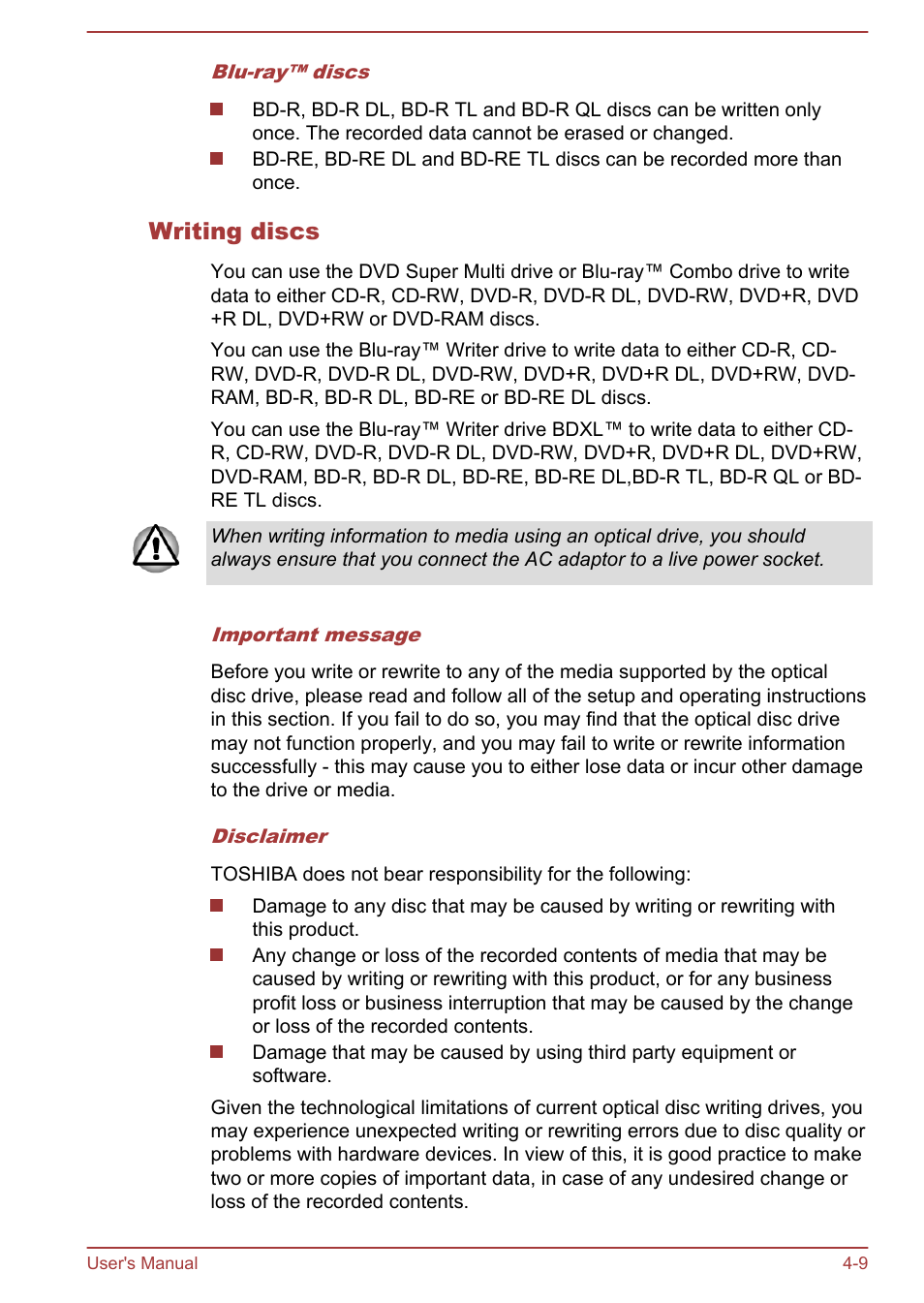 Writing discs | Toshiba Qosmio DX730 User Manual | Page 70 / 143