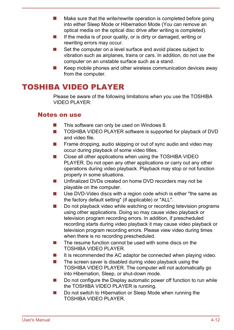Toshiba video player, Notes on use, Toshiba video player -12 | Toshiba Qosmio DX730 User Manual | Page 73 / 143