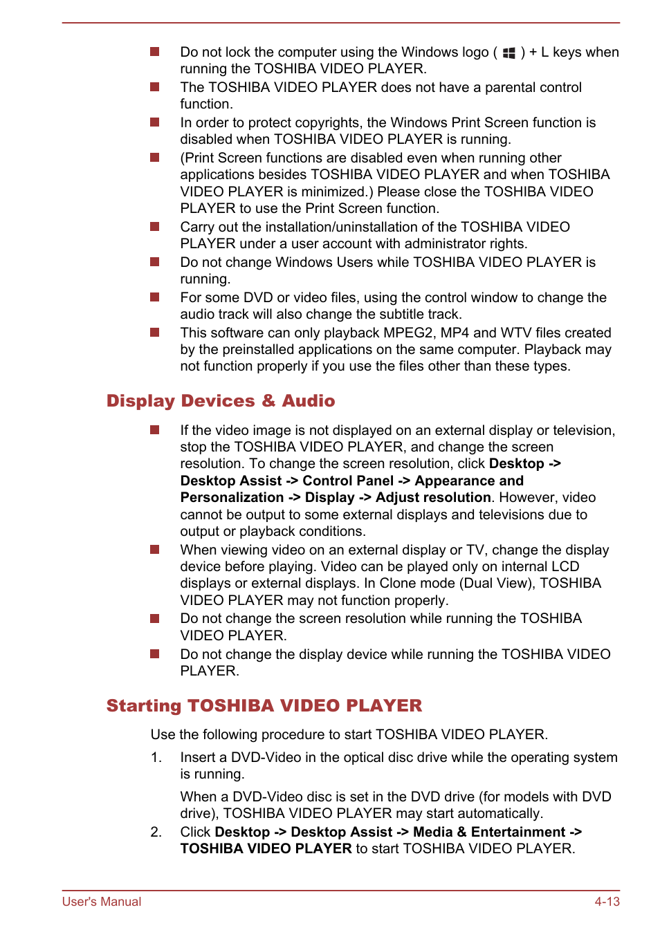 Display devices & audio, Starting toshiba video player | Toshiba Qosmio DX730 User Manual | Page 74 / 143
