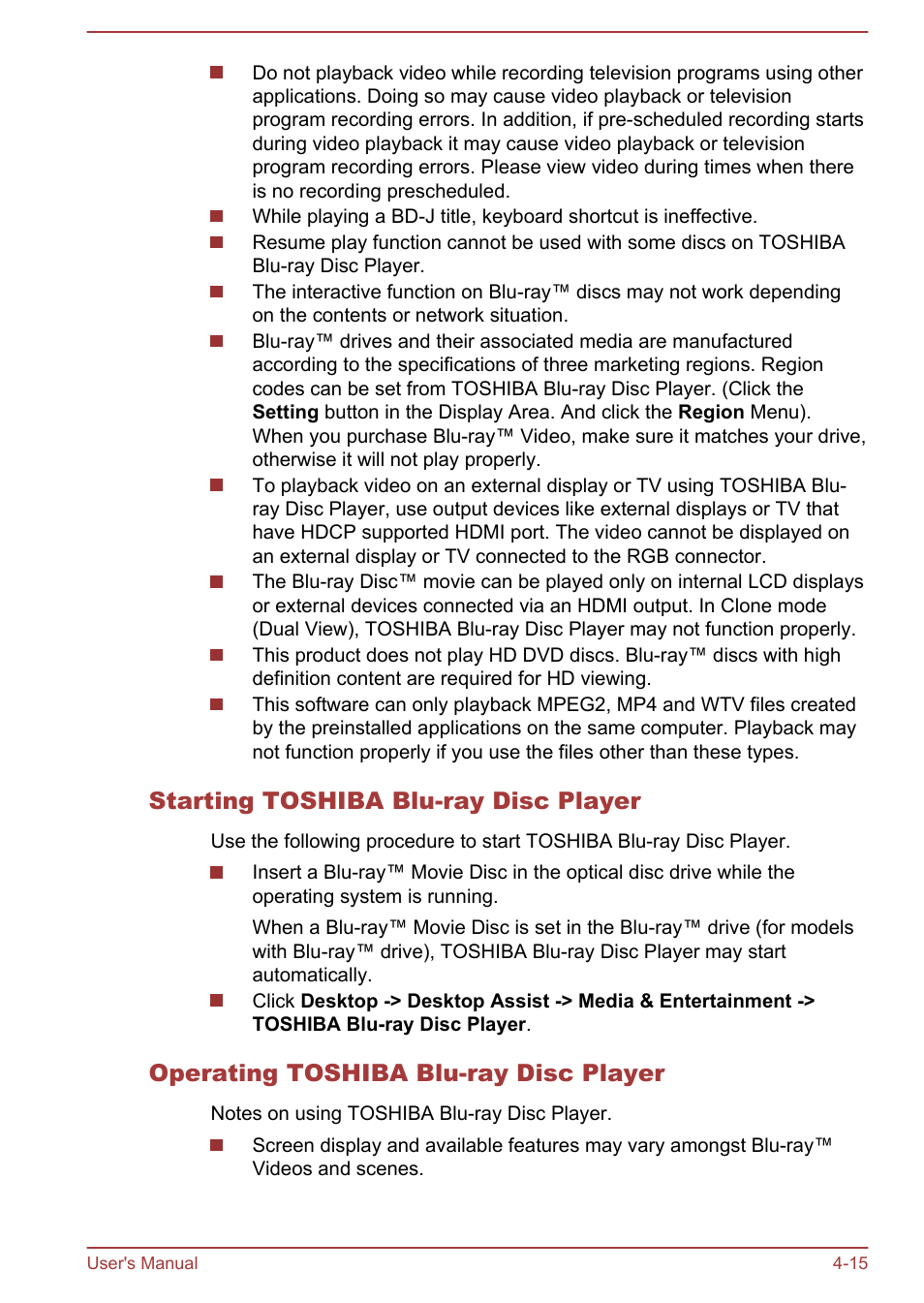 Starting toshiba blu-ray disc player, Operating toshiba blu-ray disc player | Toshiba Qosmio DX730 User Manual | Page 76 / 143