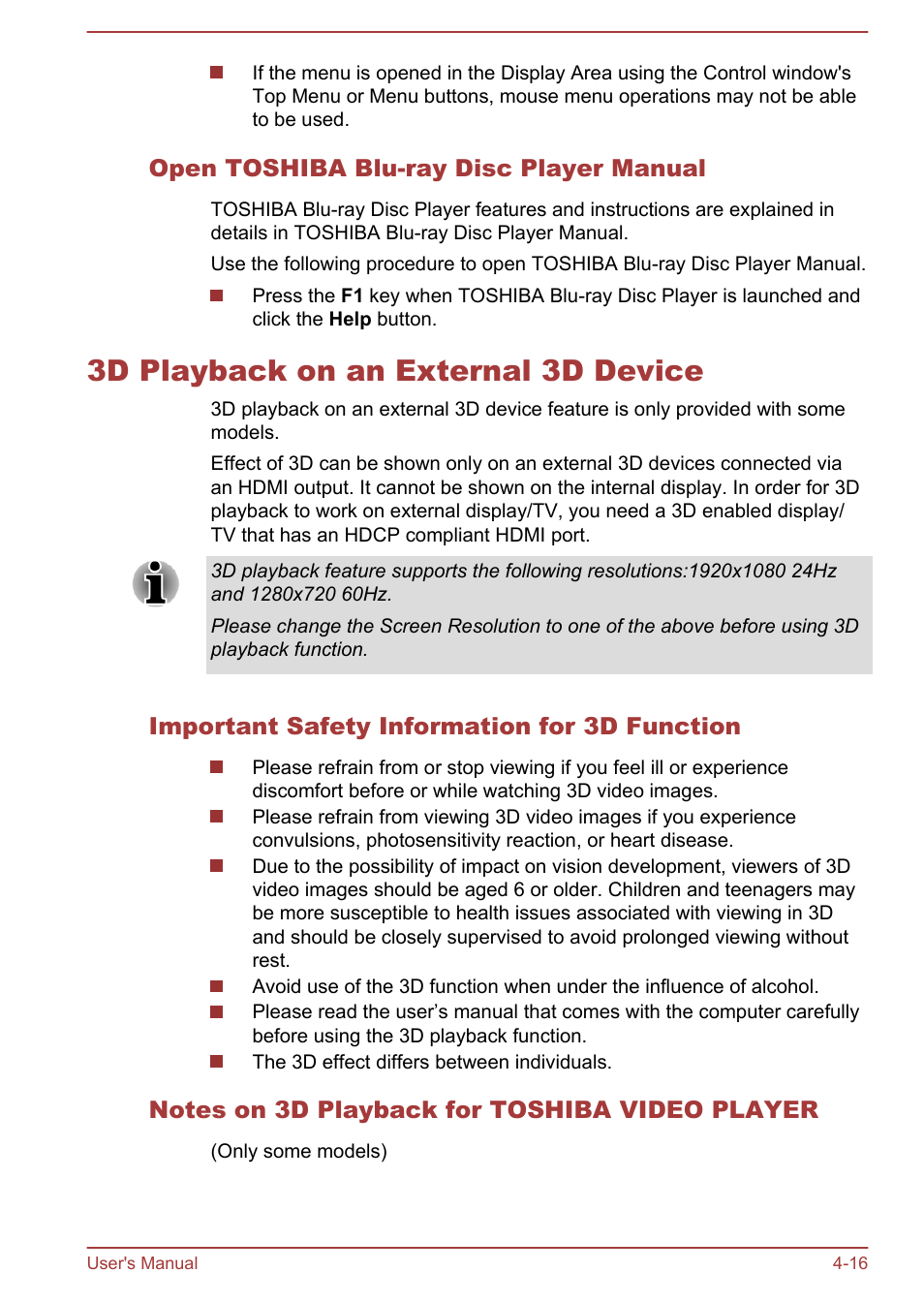 Open toshiba blu-ray disc player manual, 3d playback on an external 3d device, Important safety information for 3d function | Notes on 3d playback for toshiba video player, 3d playback on an external 3d device -16 | Toshiba Qosmio DX730 User Manual | Page 77 / 143