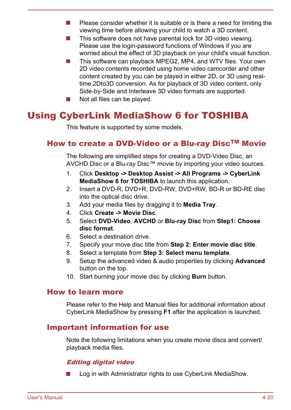 Using cyberlink mediashow 6 for toshiba, How to learn more, Important information for use | Using cyberlink mediashow 6 for toshiba -20 | Toshiba Qosmio DX730 User Manual | Page 81 / 143