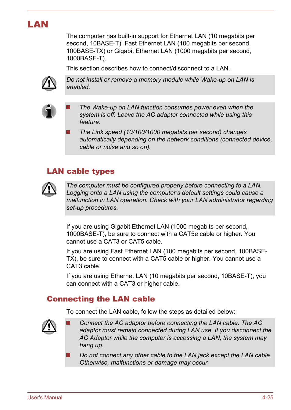Lan cable types, Connecting the lan cable, Lan -25 | Toshiba Qosmio DX730 User Manual | Page 86 / 143