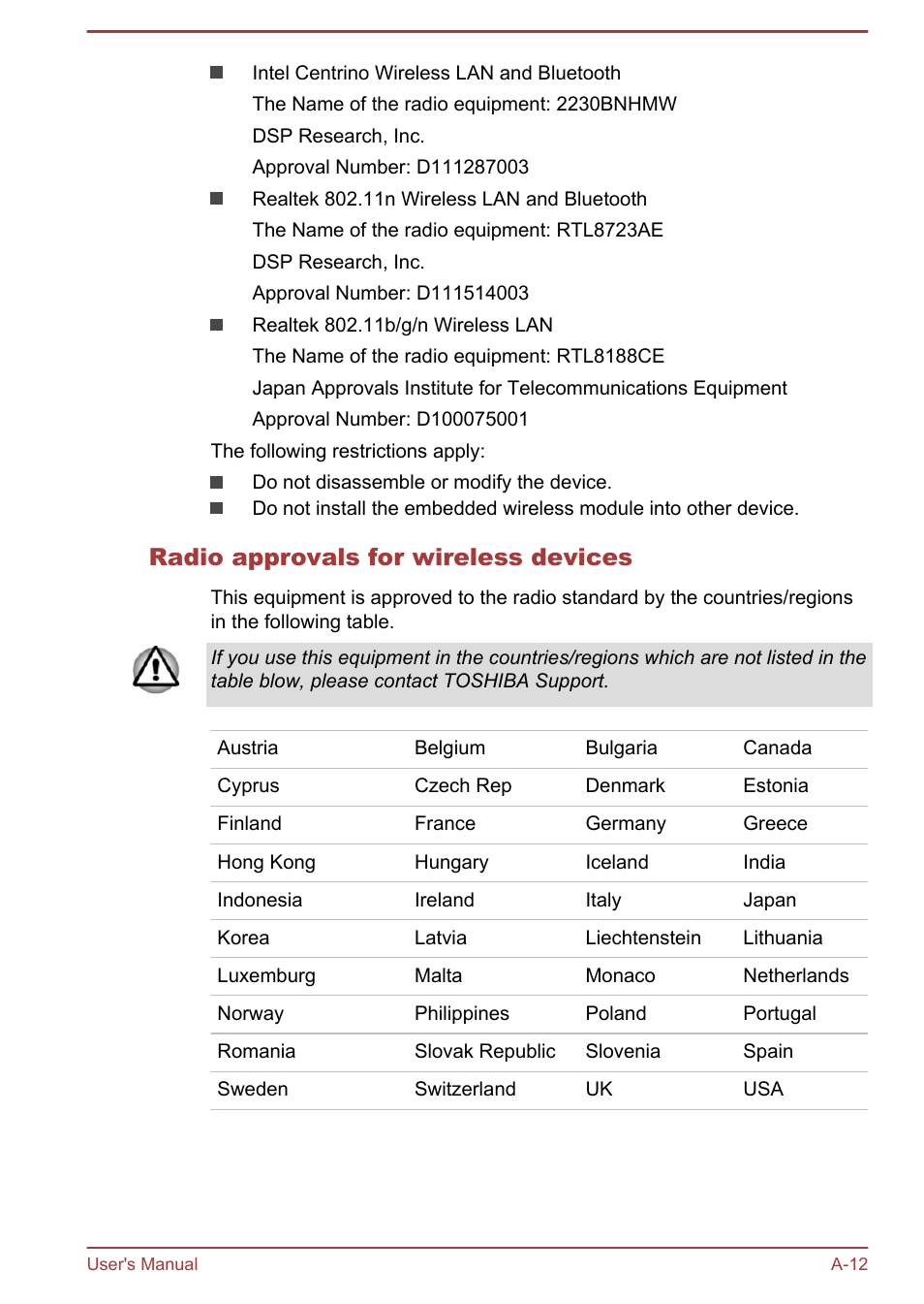 Radio approvals for wireless devices | Toshiba Satellite U840T User Manual | Page 100 / 108