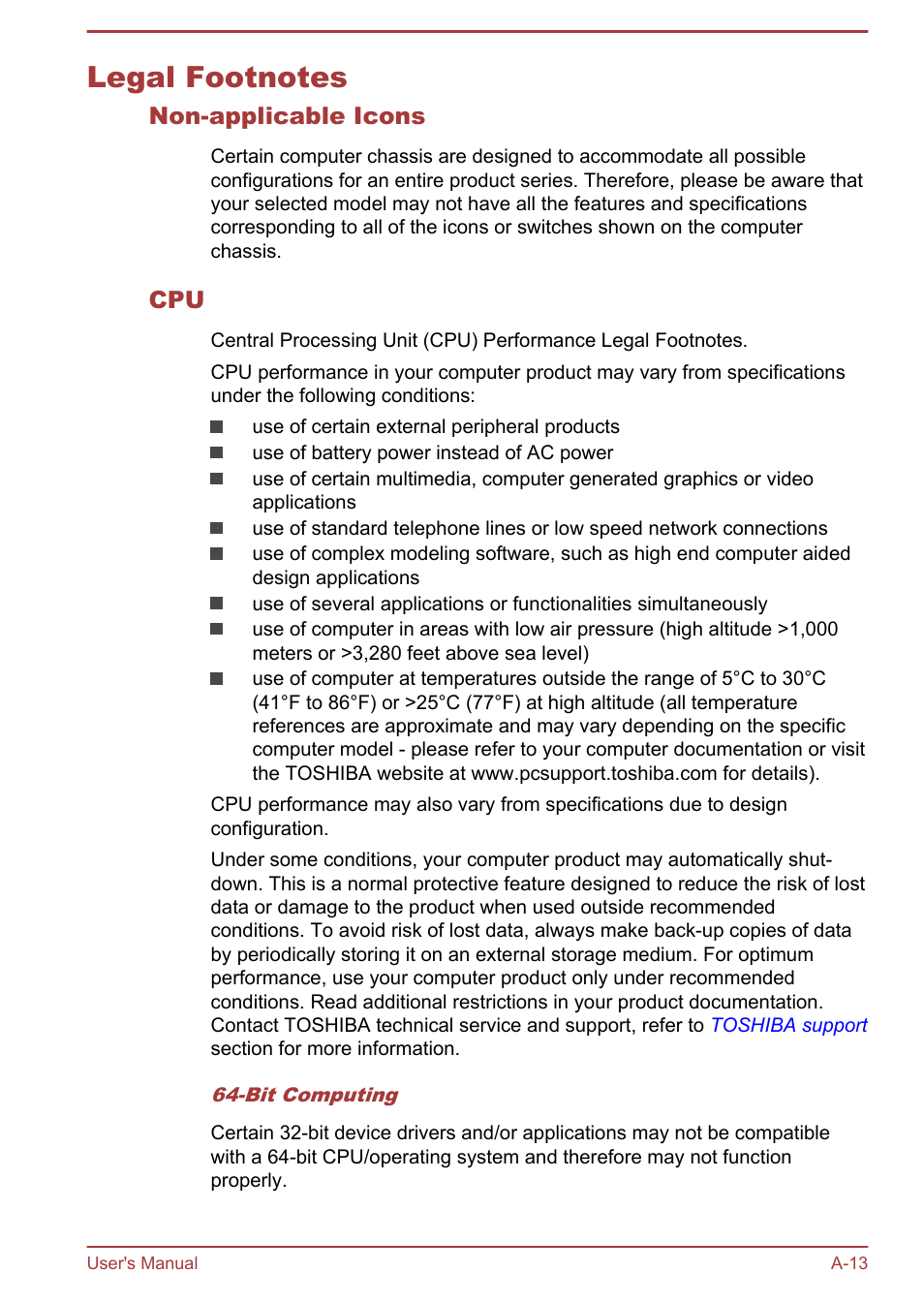 Legal footnotes, Non-applicable icons, Legal | Footnotes, Section | Toshiba Satellite U840T User Manual | Page 101 / 108