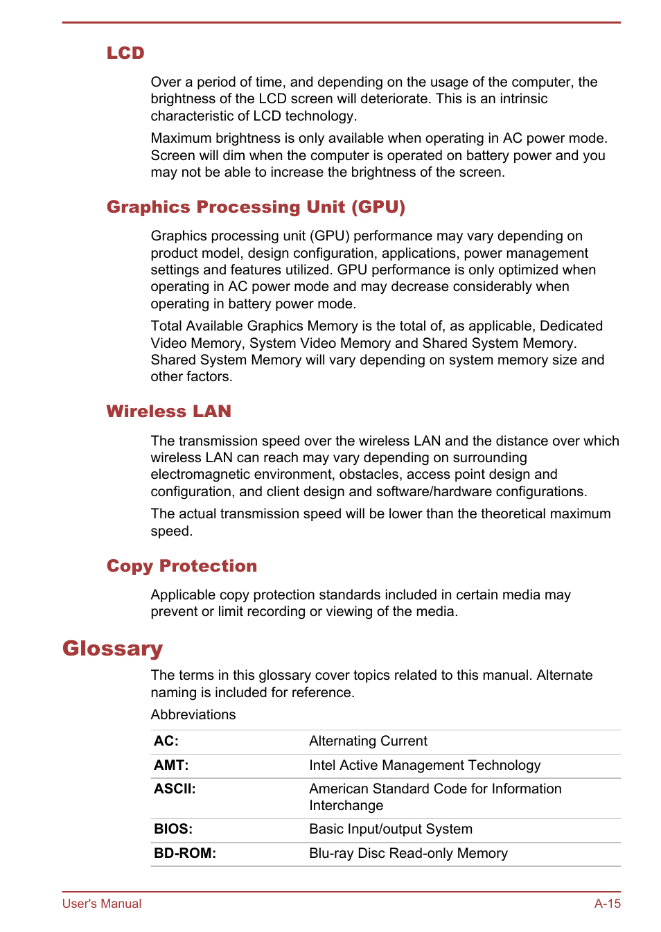 Graphics processing unit (gpu), Wireless lan, Copy protection | Glossary | Toshiba Satellite U840T User Manual | Page 103 / 108