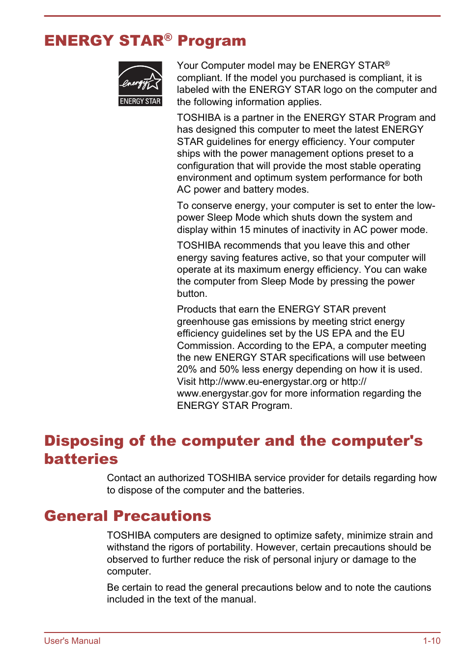 Energy star® program, General precautions, Energy star | Program | Toshiba Satellite U840T User Manual | Page 13 / 108