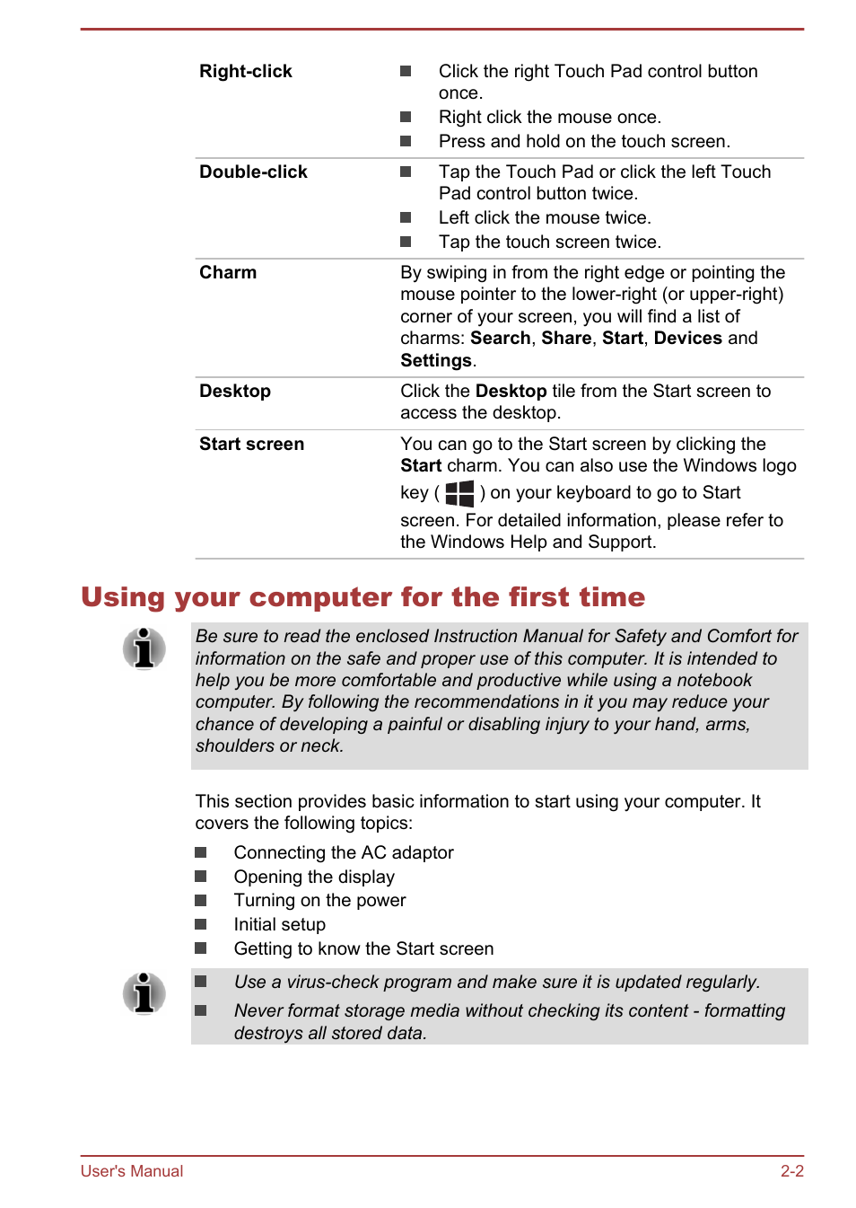 Using your computer for the first time, Using your computer for the first time -2 | Toshiba Satellite U840T User Manual | Page 18 / 108