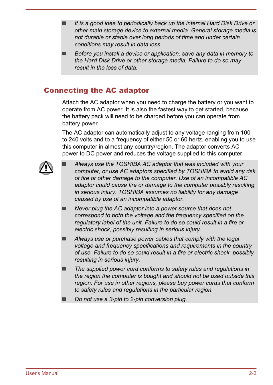 Connecting the ac adaptor | Toshiba Satellite U840T User Manual | Page 19 / 108