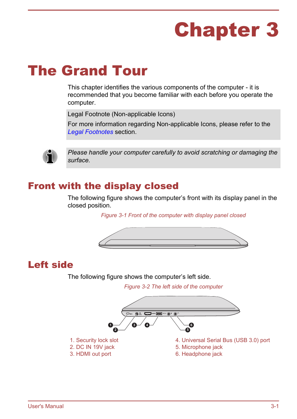Chapter 3 the grand tour, Front with the display closed, Left side | Chapter 3, The grand tour, Front with the display closed -1 left side -1 | Toshiba Satellite U840T User Manual | Page 29 / 108