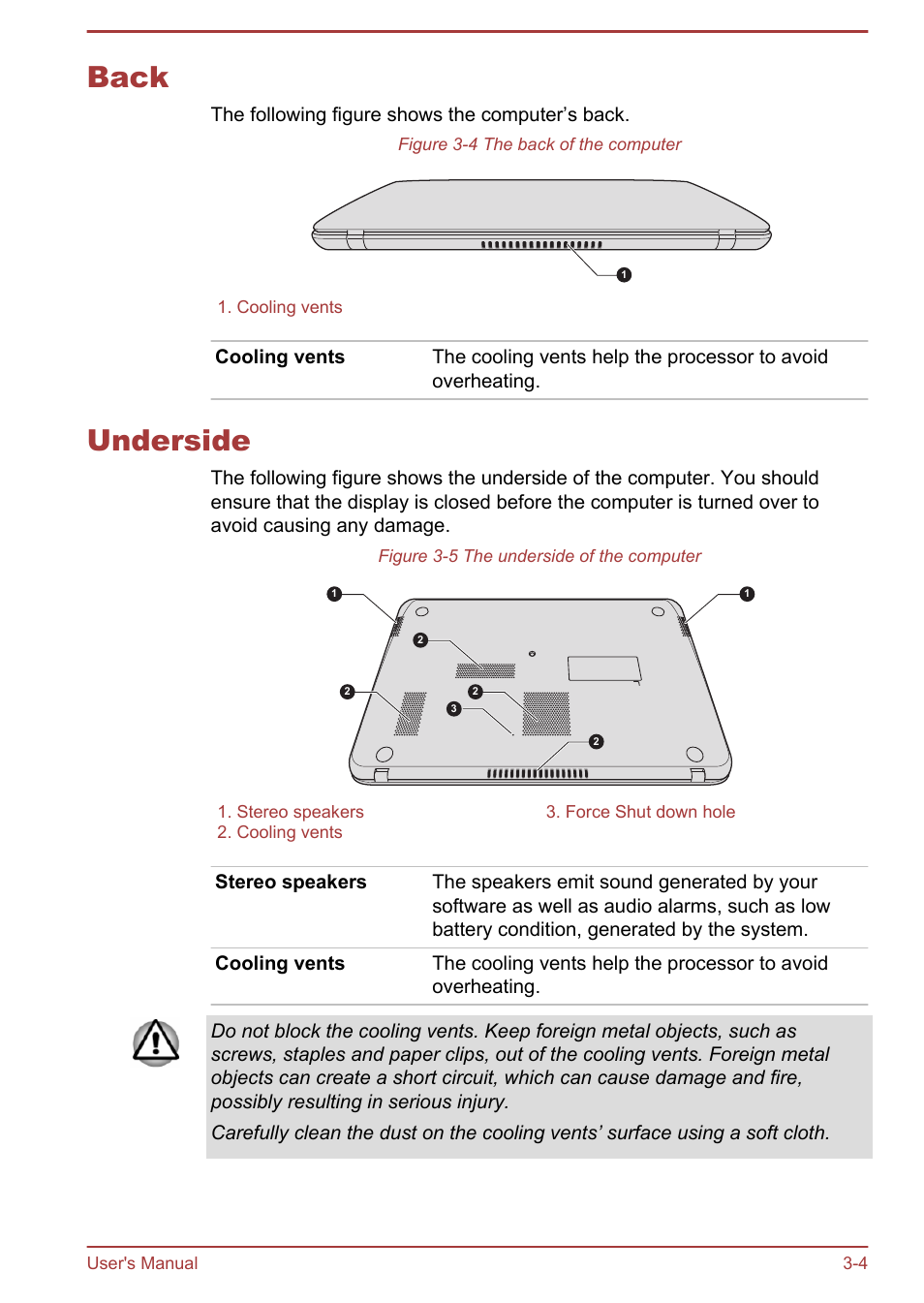 Back, Underside, Back -4 underside -4 | Toshiba Satellite U840T User Manual | Page 32 / 108