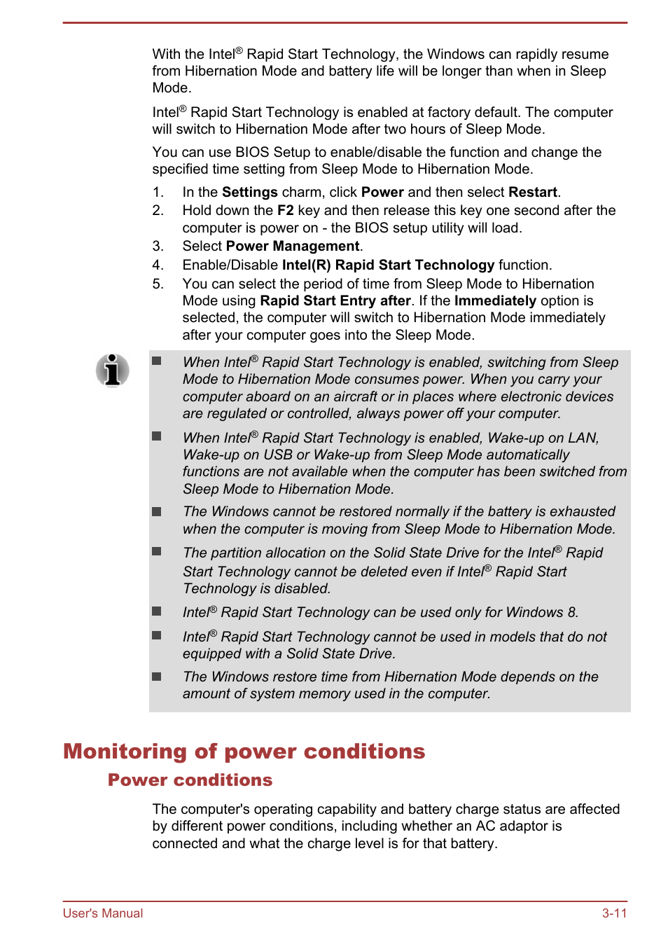 Monitoring of power conditions, Power conditions, Monitoring of power conditions -11 | Toshiba Satellite U840T User Manual | Page 39 / 108