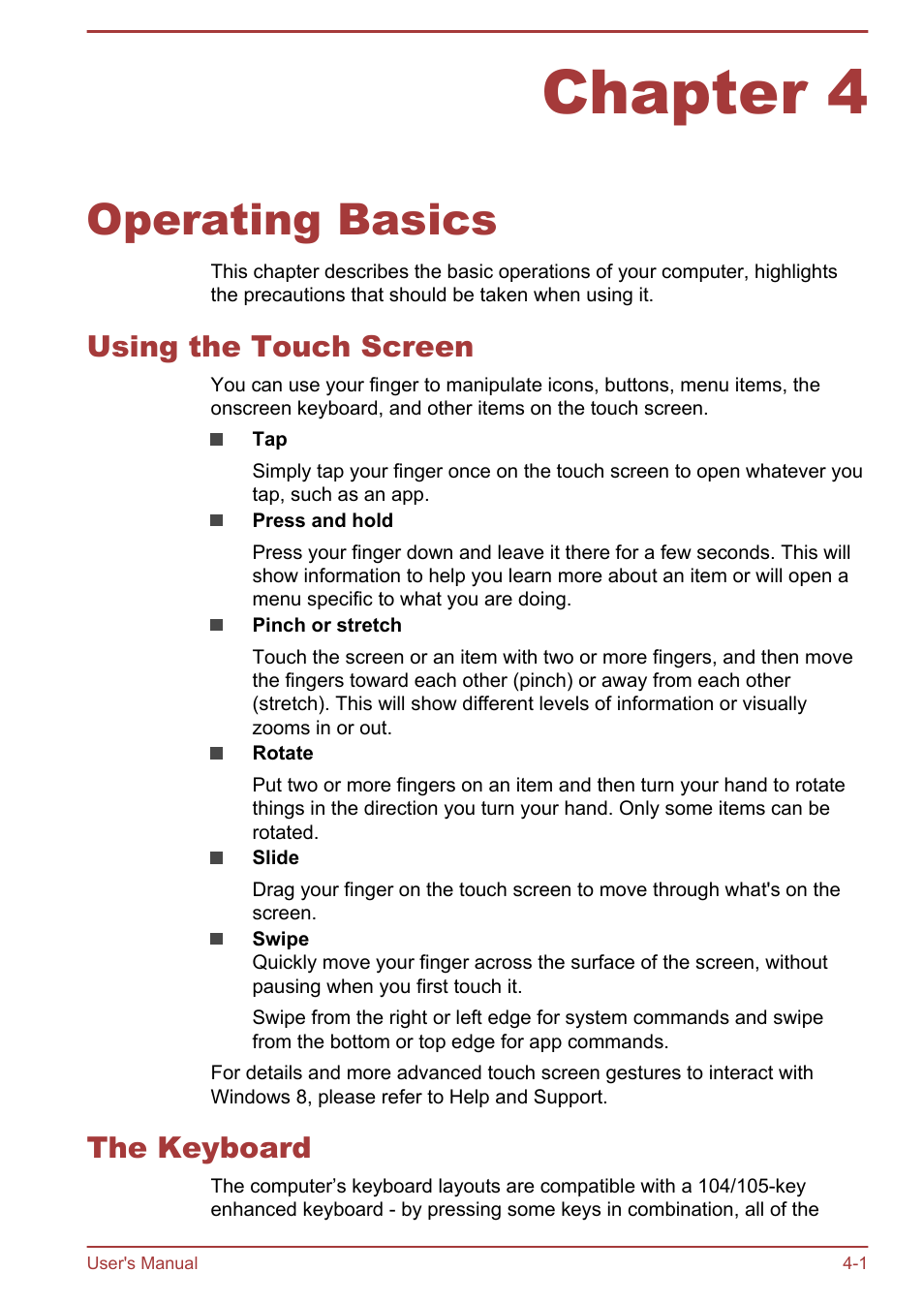 Chapter 4 operating basics, Using the touch screen, The keyboard | Chapter 4, Operating basics, Using the touch screen -1 the keyboard -1 | Toshiba Satellite U840T User Manual | Page 42 / 108