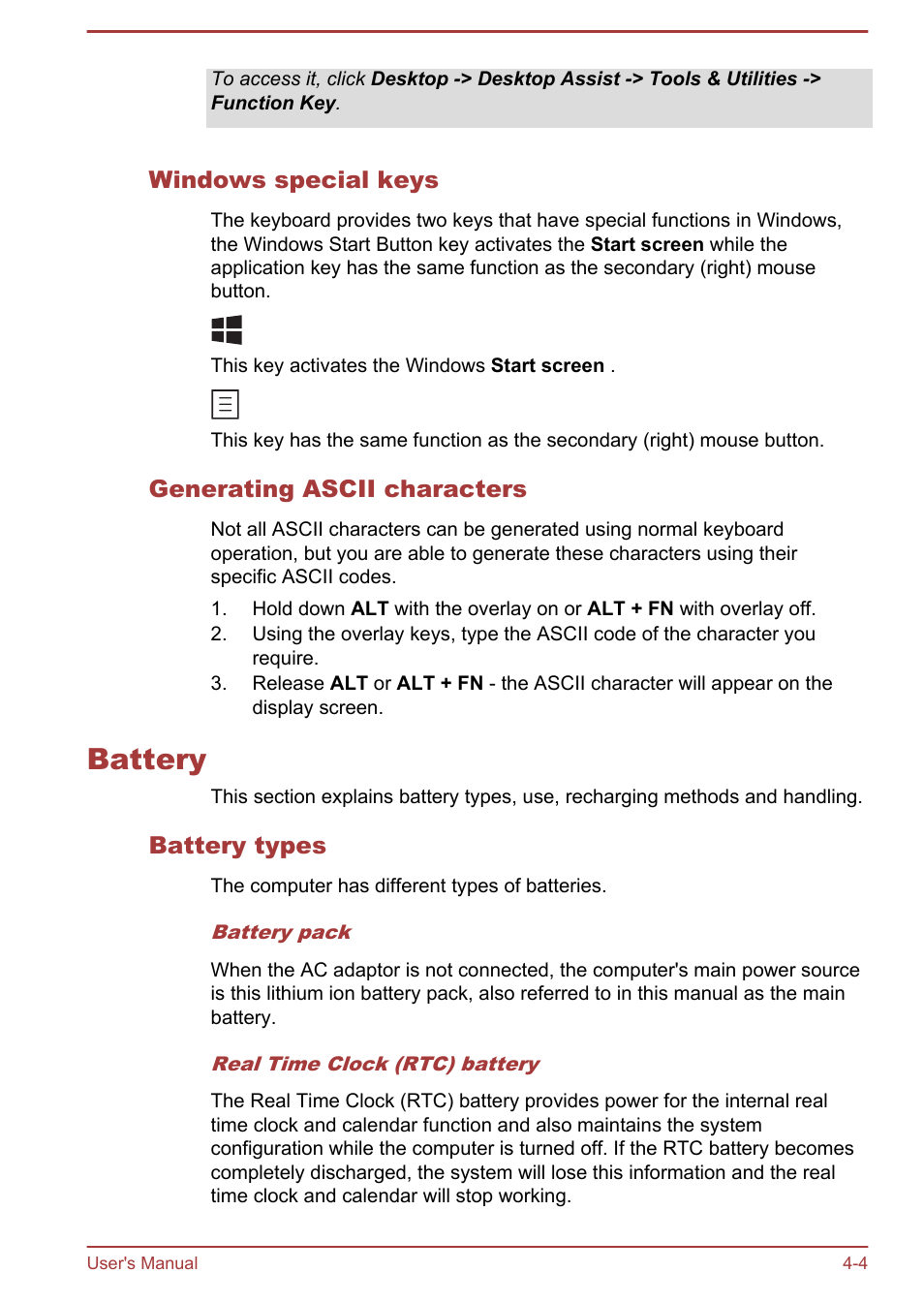 Windows special keys, Generating ascii characters, Battery | Battery types, Battery -4 | Toshiba Satellite U840T User Manual | Page 45 / 108